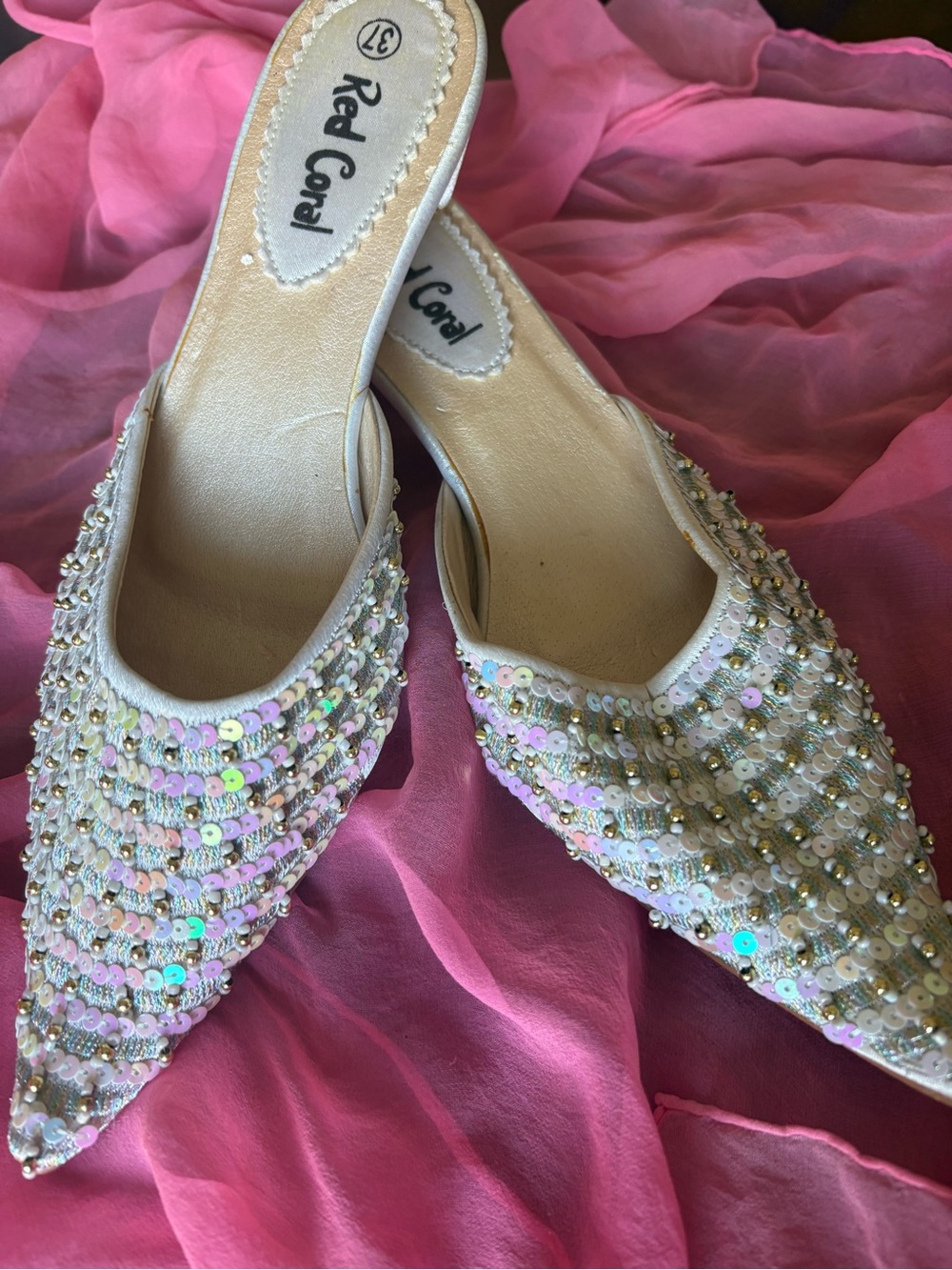 Women's White Sequin Pointed Slip-On Mules